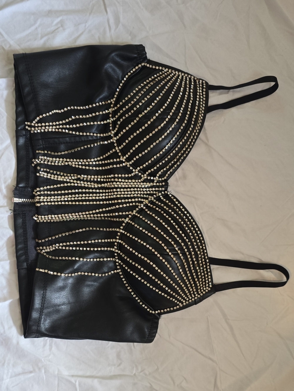 Black Faux Leather Rhinestone Bralette Top